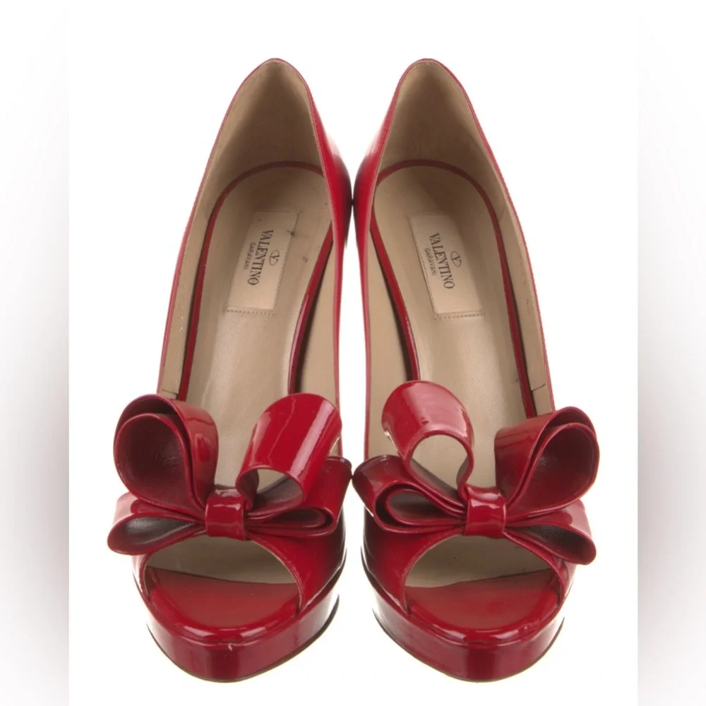 Valentino Garavani Red Patent Leather Bow Peep-Toe Stiletto Pumps